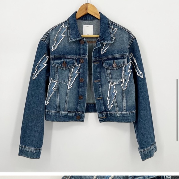 Sandro Pearl Lightning Bolt Cropped Denim Crop Jean Jacket - Picture 8 of 13